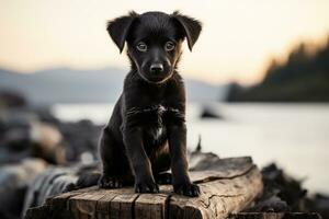 un negro perrito sentado en un Iniciar sesión por el agua generativo ai foto