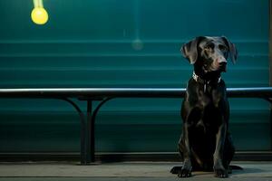 a black dog sitting on a bench generative ai photo