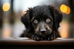 a black dog with wet eyes sitting on a bench generative ai photo