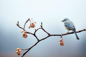 a blue bird is sitting on a branch in front of a foggy background generative ai photo