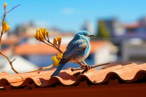 a blue bird on a roof generative ai photo