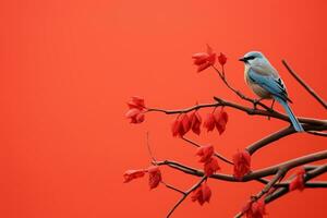 a blue bird perched on a branch with red flowers generative ai photo