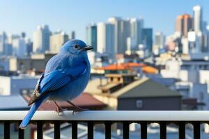 un azul pájaro se sienta en un barandilla con vista a un ciudad generativo ai foto