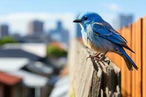 a blue bird sits on a wooden fence with a city in the background generative ai photo