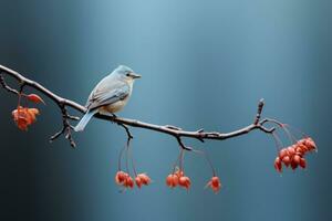 a blue bird sitting on a branch with red berries generative ai photo