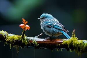 a blue bird sitting on a branch with moss generative ai photo