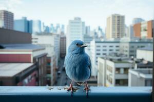 un azul pájaro sentado en un repisa en frente de un ciudad generativo ai foto