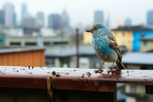 a blue bird sitting on a roof generative ai photo