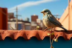 a blue bird sitting on a roof generative ai photo