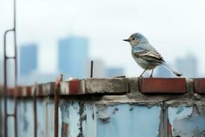 un azul pájaro sentado en parte superior de un ladrillo pared generativo ai foto