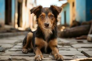 un marrón y negro perro sentado en un guijarro calle generativo ai foto