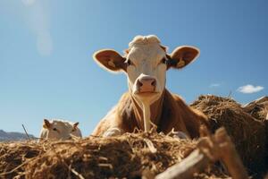 a brown and white cow sitting on a pile of hay generative ai photo