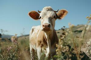 un marrón y blanco vaca en pie en un campo generativo ai foto