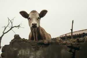 a brown cow peeking out of a hole in a wall generative ai photo