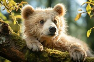 un marrón oso es sentado en un árbol rama generativo ai foto