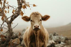 un marrón vaca en pie en frente de un árbol generativo ai foto