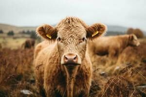 a brown cow standing in a grassy field generative ai photo