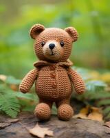 a brown crocheted teddy bear sitting on a log generative ai photo