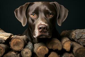 a brown dog is sitting on top of a pile of logs generative ai photo