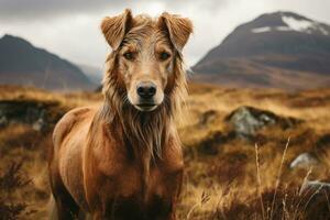 a brown horse standing in a field with mountains in the background generative ai photo