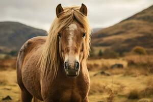 a brown horse standing in a field with mountains in the background generative ai photo