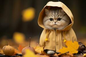 a cat in a yellow raincoat sitting on the ground surrounded by autumn leaves generative ai photo