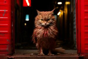 un gato es en pie en frente de un rojo puerta generativo ai foto