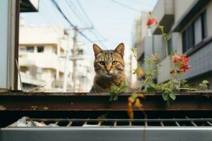 un gato es sentado en parte superior de un ventana repisa generativo ai foto