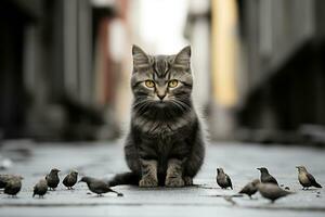 un gato se sienta en el suelo rodeado por aves generativo ai foto