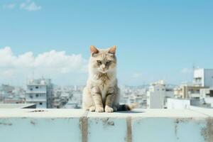 a cat sitting on the edge of a building with a city in the background generative ai photo