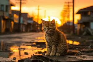 a cat sitting on the ground in front of a sunset generative ai photo