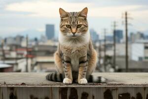 un gato sentado en parte superior de un repisa con un ciudad en el antecedentes generativo ai foto