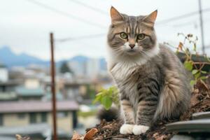 a cat sitting on top of a pile of dirt generative ai photo