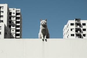 a cat sitting on top of a wall in front of buildings generative ai photo