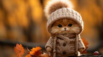 a cat wearing a sweater and hat sitting on a log generative ai photo