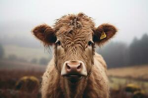 un cerca arriba de un vaca en un brumoso campo generativo ai foto