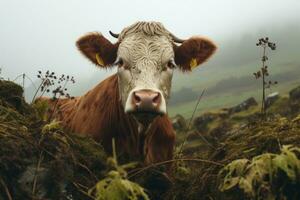 un cerca arriba de un vaca mirando a el cámara generativo ai foto