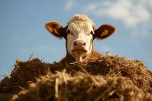 a close up of a cow looking over a pile of hay generative ai photo