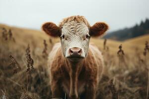 a close up of a cow standing in a field generative ai photo