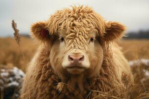 a close up of a cow standing in a field generative ai photo