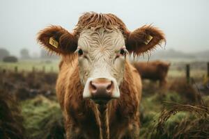 un cerca arriba de un vaca en pie en un campo generativo ai foto