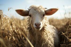 a close up of a sheep standing in tall grass generative ai photo