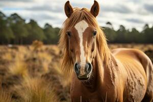 a close up of a horse standing in a field generative ai photo