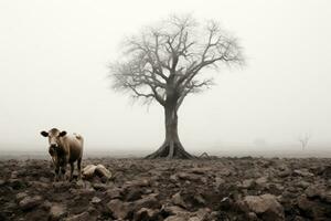 a cow and a tree in a foggy field generative ai photo