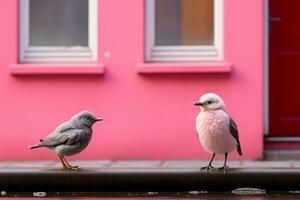 un Pareja de aves en pie en un acera siguiente a un rosado edificio generativo ai foto