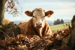 a cow is sitting on the ground in a field generative ai photo