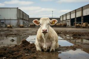 a cow is sitting in the mud in front of a building generative ai photo