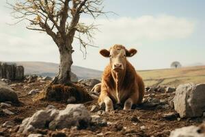 a cow is sitting on the ground next to a tree generative ai photo