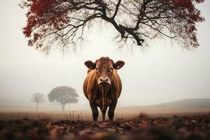 un vaca es en pie debajo un árbol en un brumoso campo generativo ai foto