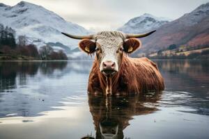 a cow is standing in a lake with mountains in the background generative ai photo